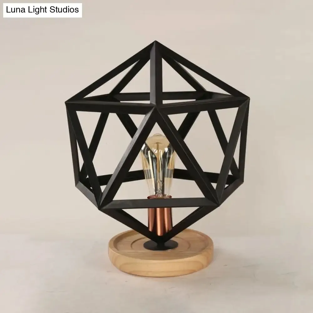 Industrial Stylish Table Lamp with Wire Guard for Bedroom - Metal and Wood Task Lamp in Black