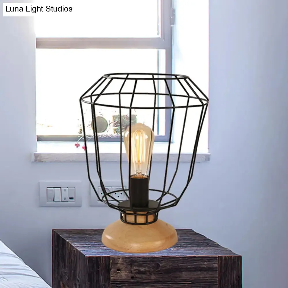 Industrial Stylish Table Lamp with Wire Guard for Bedroom - Metal and Wood Task Lamp in Black