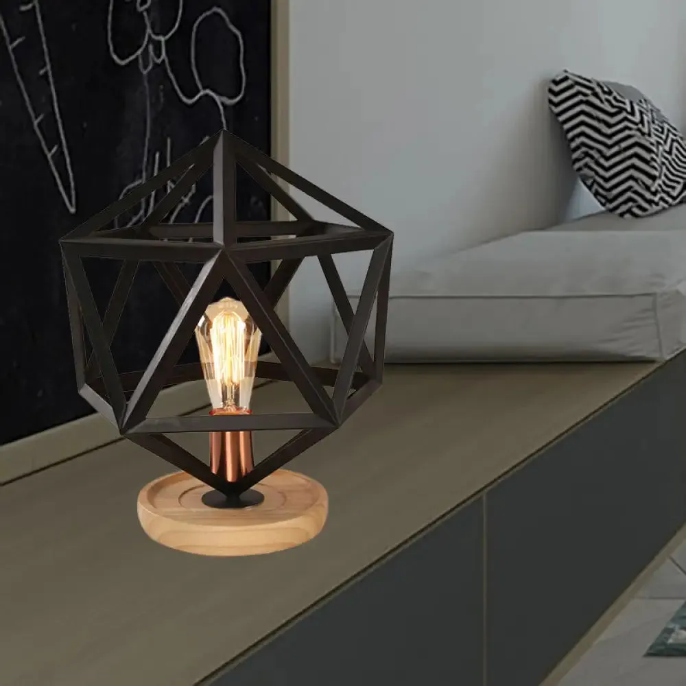 Industrial Stylish Table Lamp with Wire Guard for Bedroom - Metal and Wood Task Lamp in Black