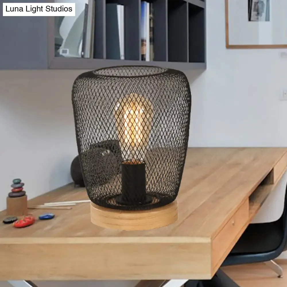 Industrial Stylish Table Lamp with Wire Guard for Bedroom - Metal and Wood Task Lamp in Black