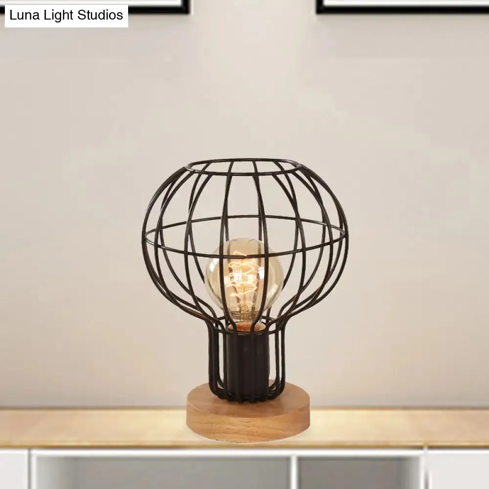 Industrial Stylish Table Lamp with Wire Guard for Bedroom - Metal and Wood Task Lamp in Black