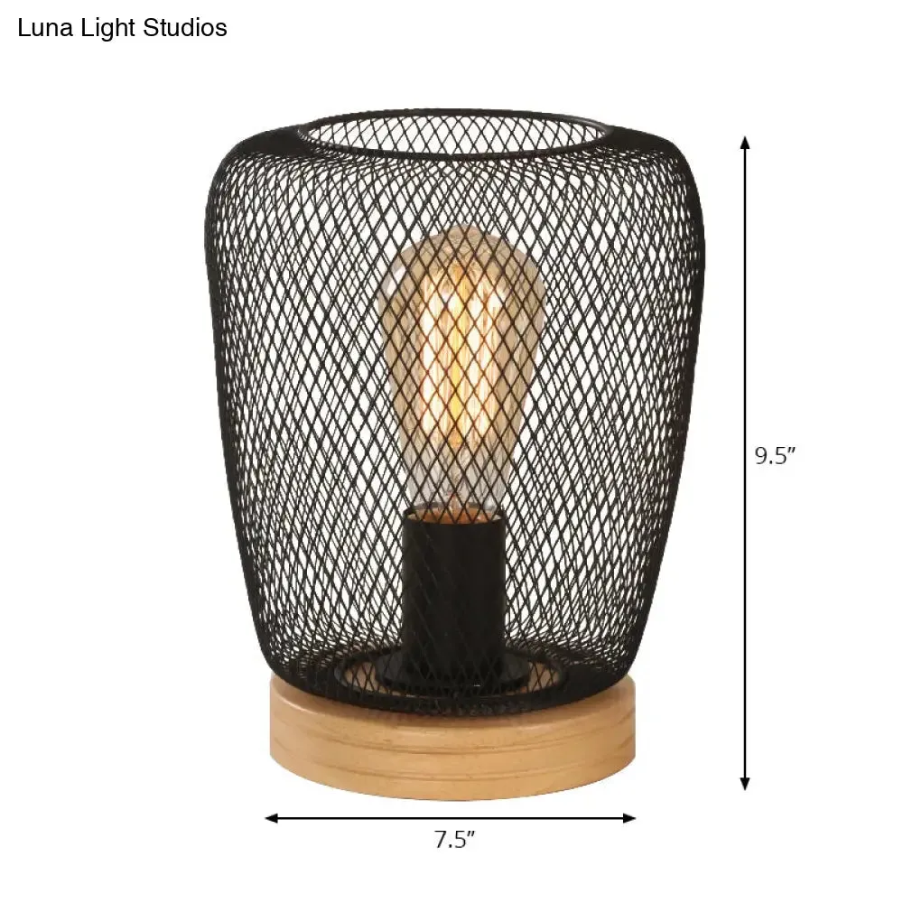 Industrial Stylish Table Lamp with Wire Guard for Bedroom - Metal and Wood Task Lamp in Black
