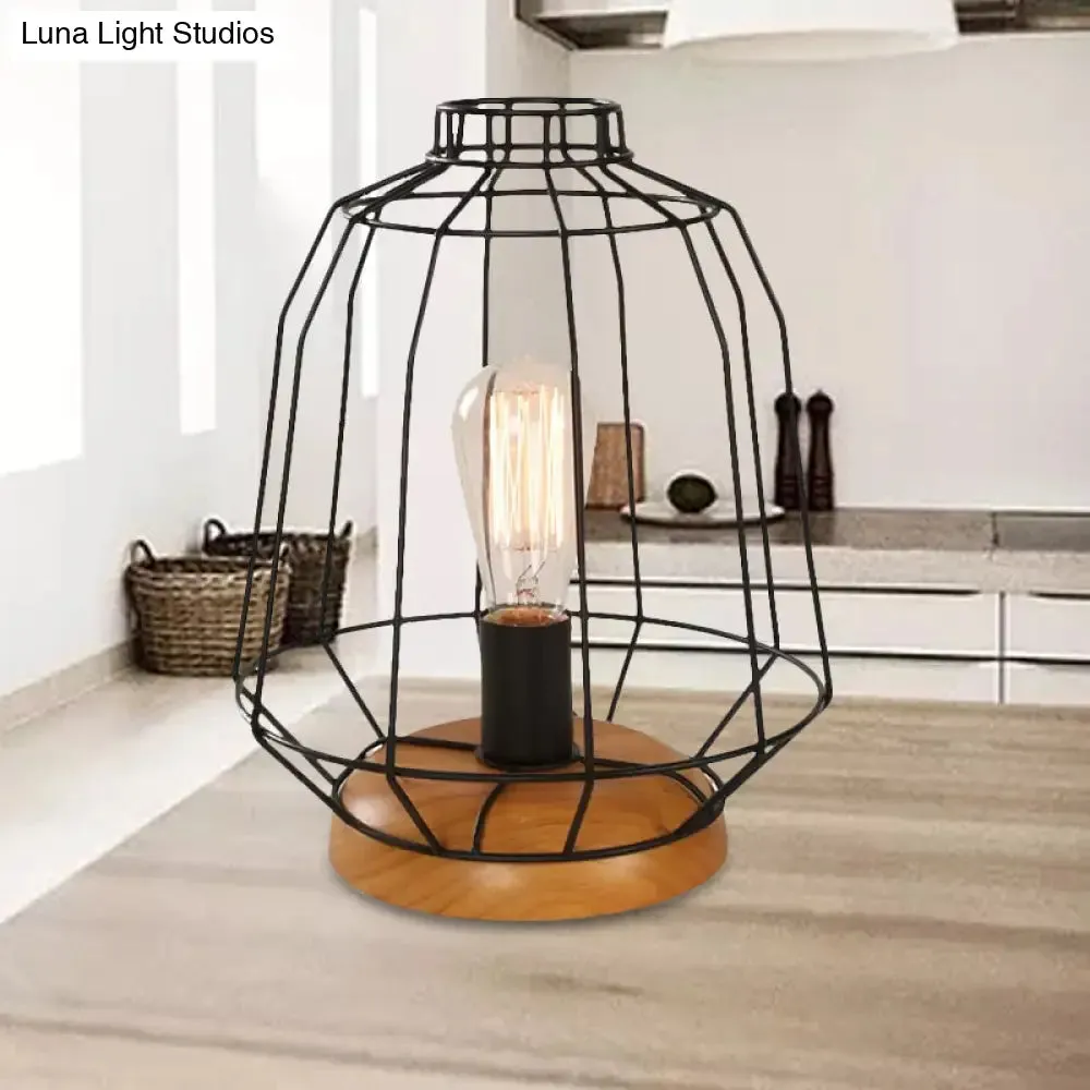Industrial Stylish Table Lamp with Wire Guard for Bedroom - Metal and Wood Task Lamp in Black