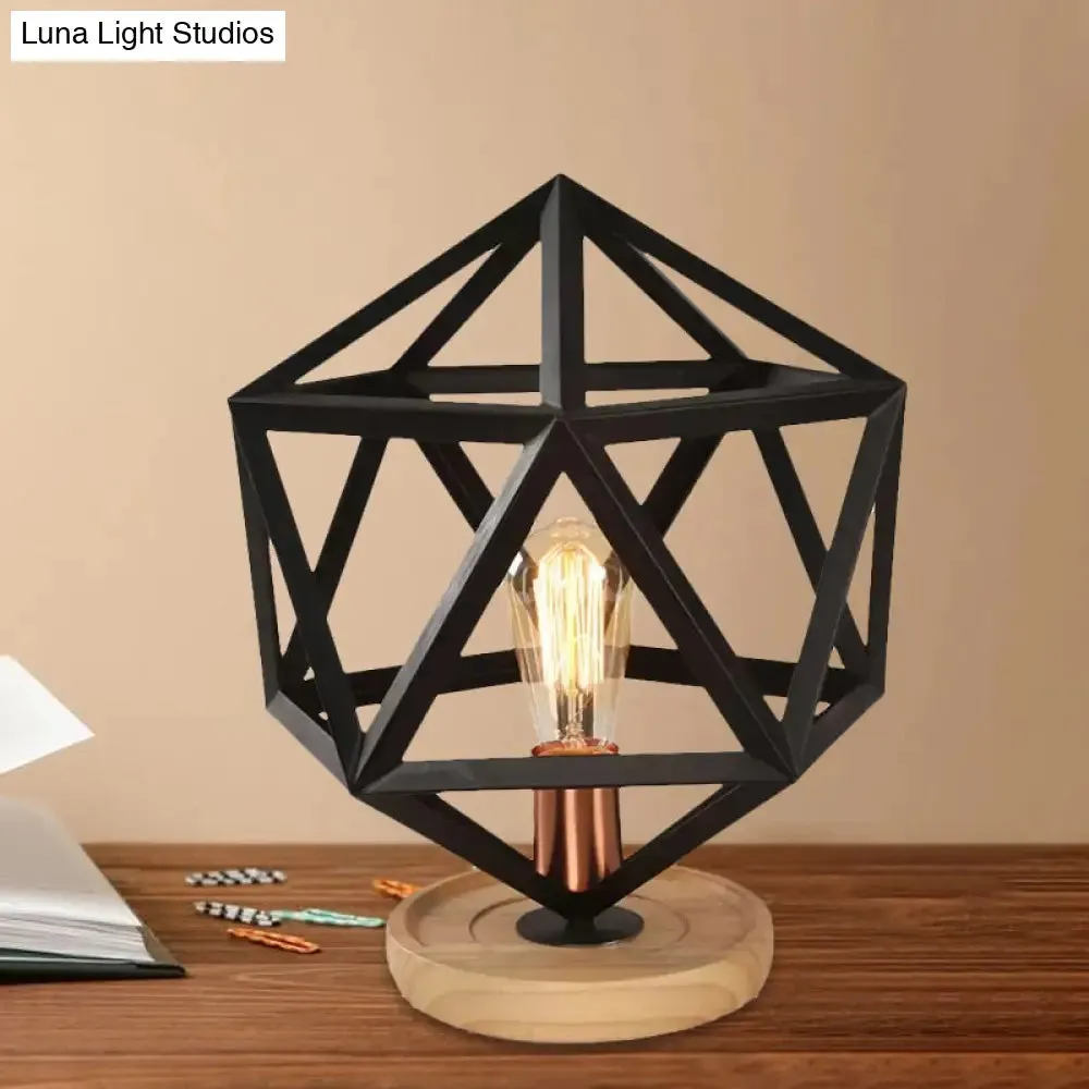 Industrial Stylish Table Lamp with Wire Guard for Bedroom - Metal and Wood Task Lamp in Black