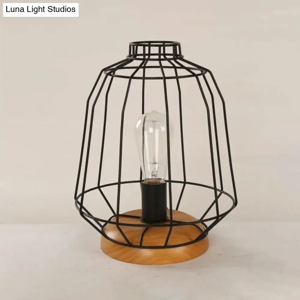 Industrial Stylish Table Lamp with Wire Guard for Bedroom - Metal and Wood Task Lamp in Black