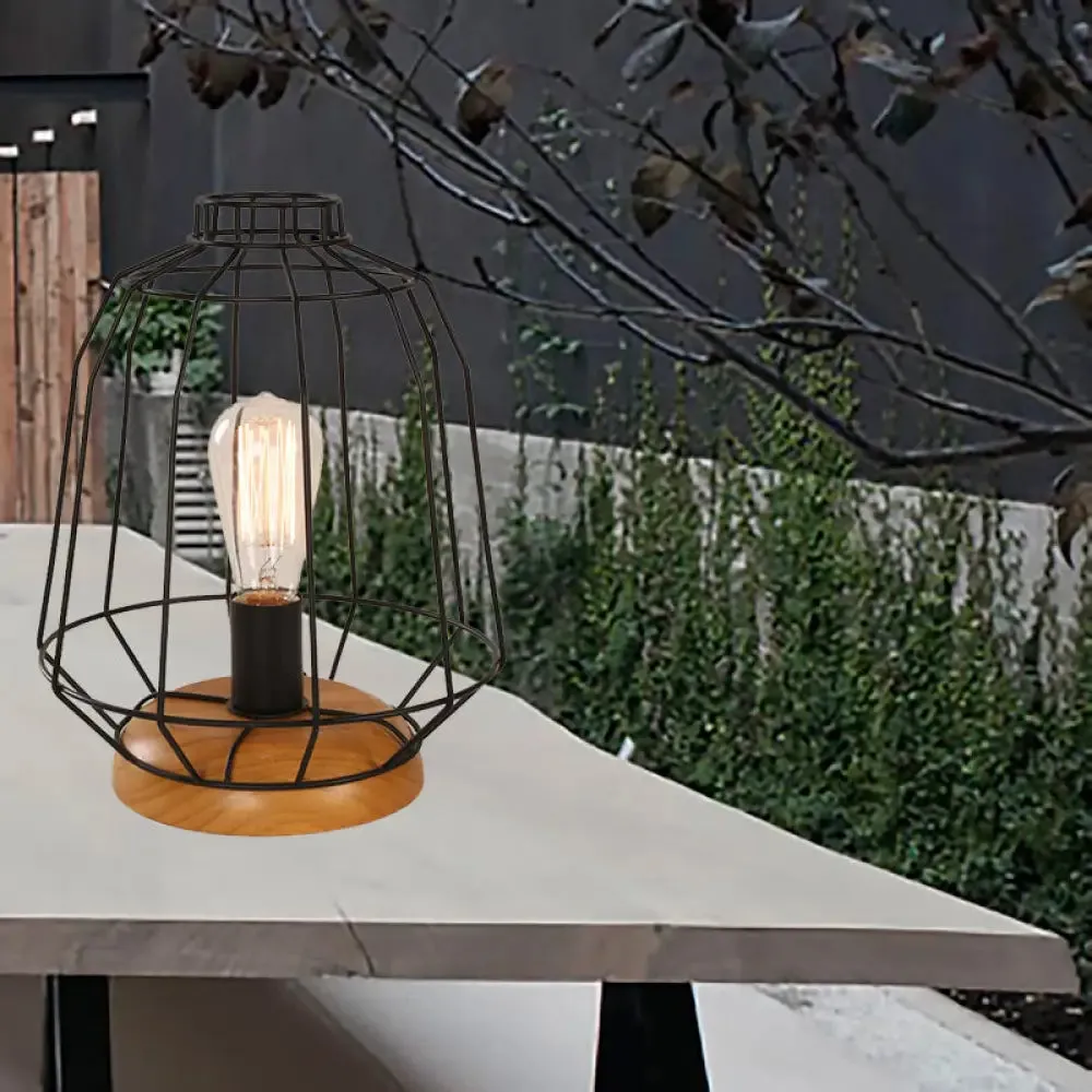 Industrial Stylish Table Lamp with Wire Guard for Bedroom - Metal and Wood Task Lamp in Black