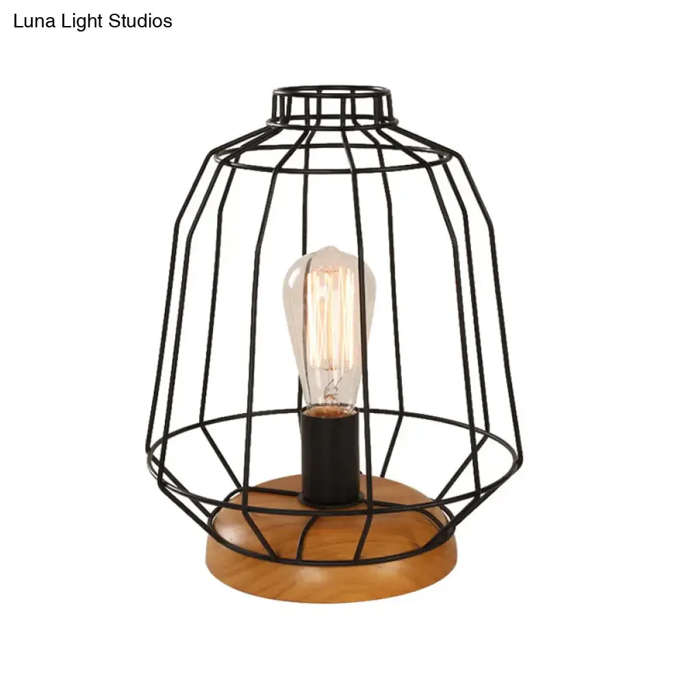 Industrial Stylish Table Lamp with Wire Guard for Bedroom - Metal and Wood Task Lamp in Black