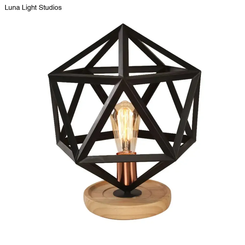 Industrial Stylish Table Lamp with Wire Guard for Bedroom - Metal and Wood Task Lamp in Black