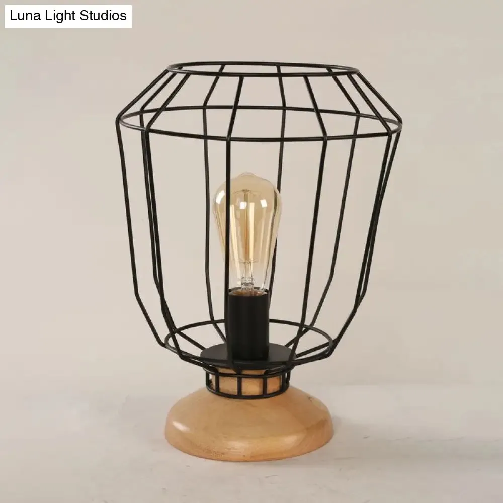 Industrial Stylish Table Lamp with Wire Guard for Bedroom - Metal and Wood Task Lamp in Black