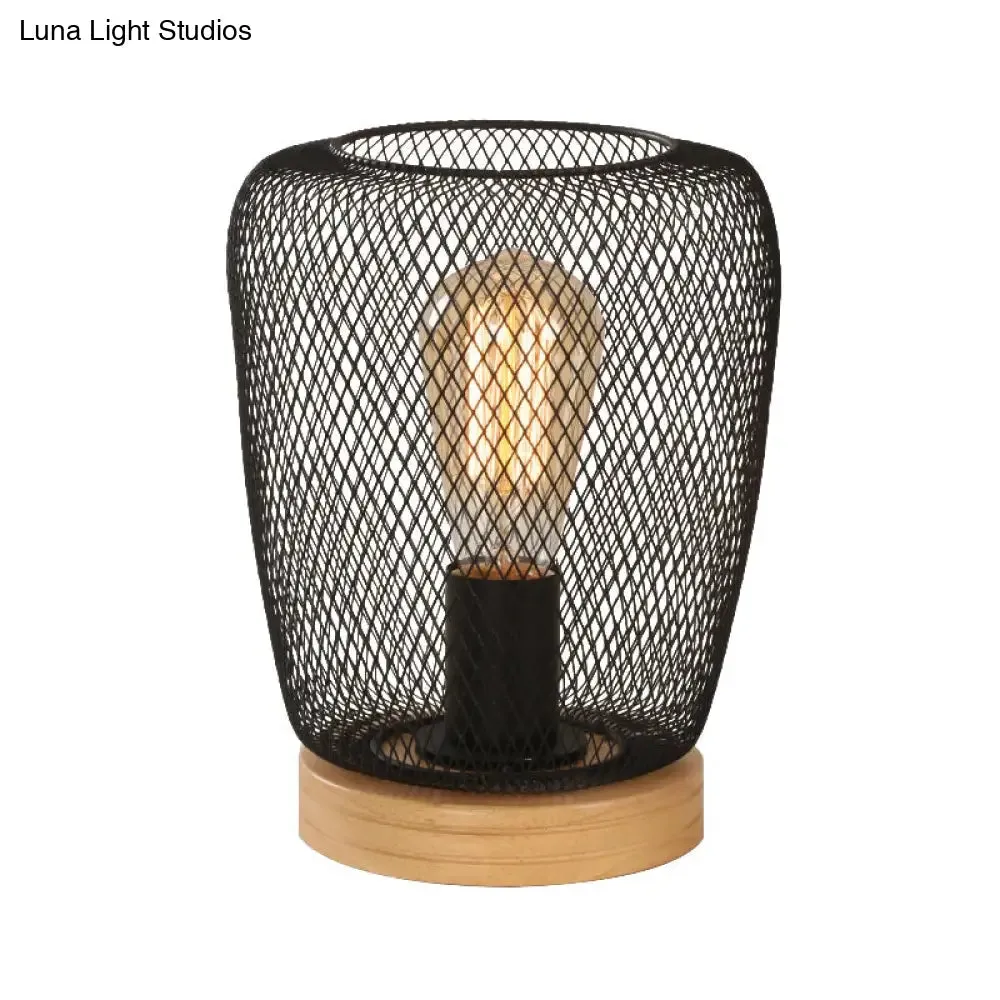 Industrial Stylish Table Lamp with Wire Guard for Bedroom - Metal and Wood Task Lamp in Black