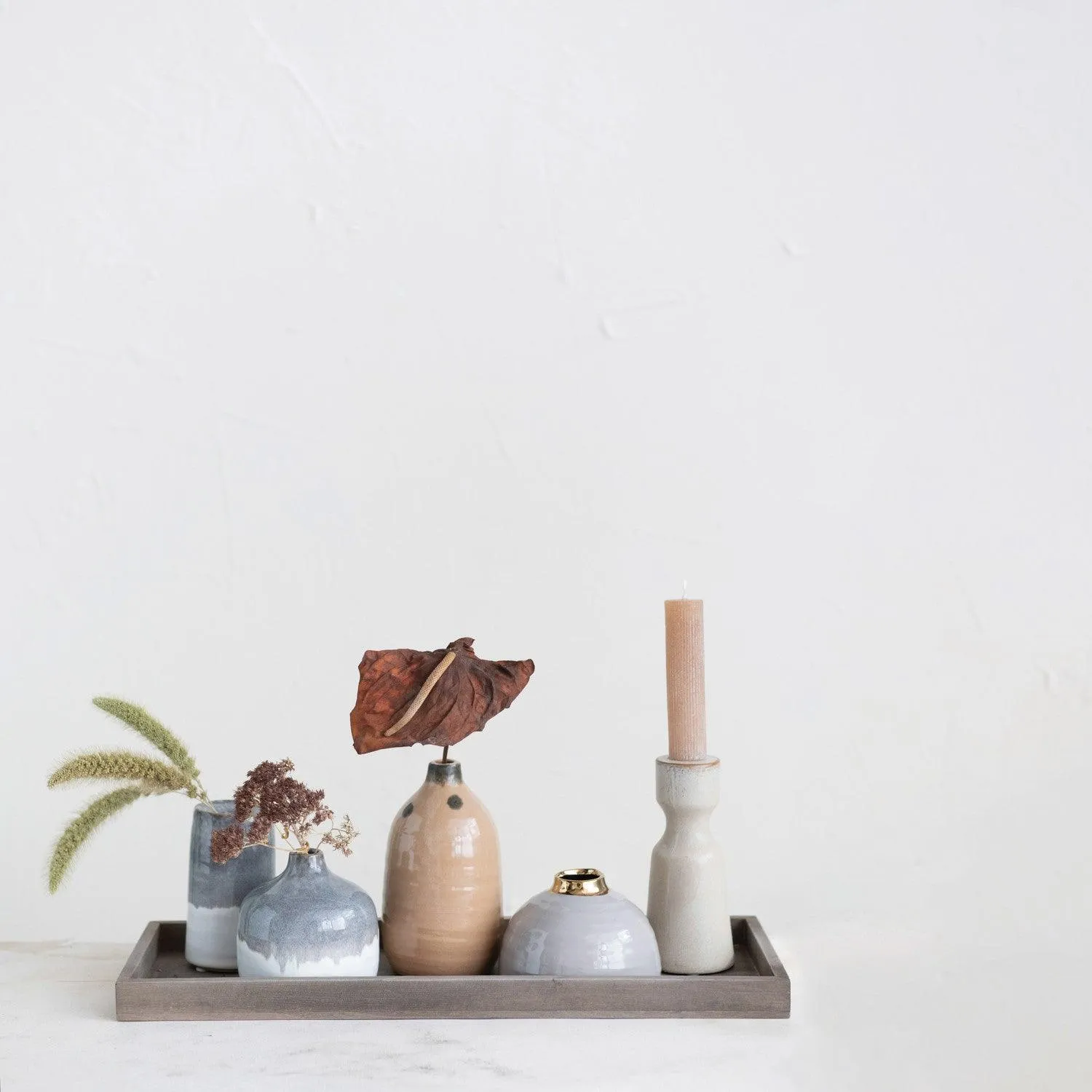 Mango Wood Tray with Assorted Vases