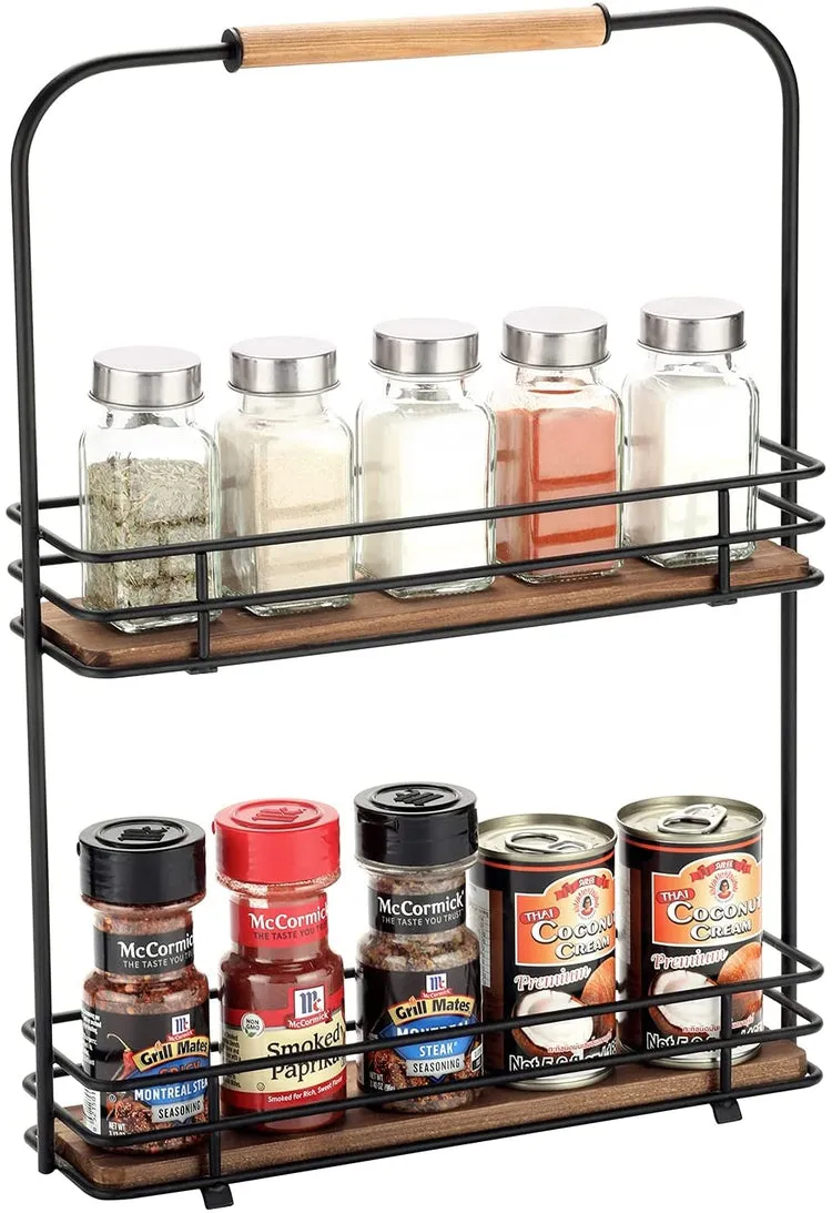 Matte Black Metal Frame, 2-Tier Spice Jar Display Storage Rack with Burnt Wood Shelves and Handle