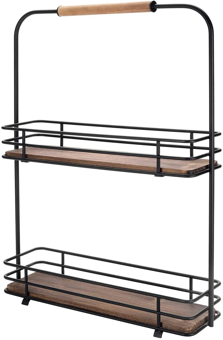 Matte Black Metal Frame, 2-Tier Spice Jar Display Storage Rack with Burnt Wood Shelves and Handle