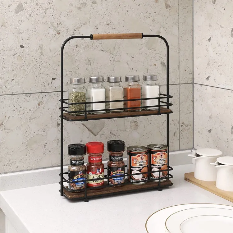 Matte Black Metal Frame, 2-Tier Spice Jar Display Storage Rack with Burnt Wood Shelves and Handle