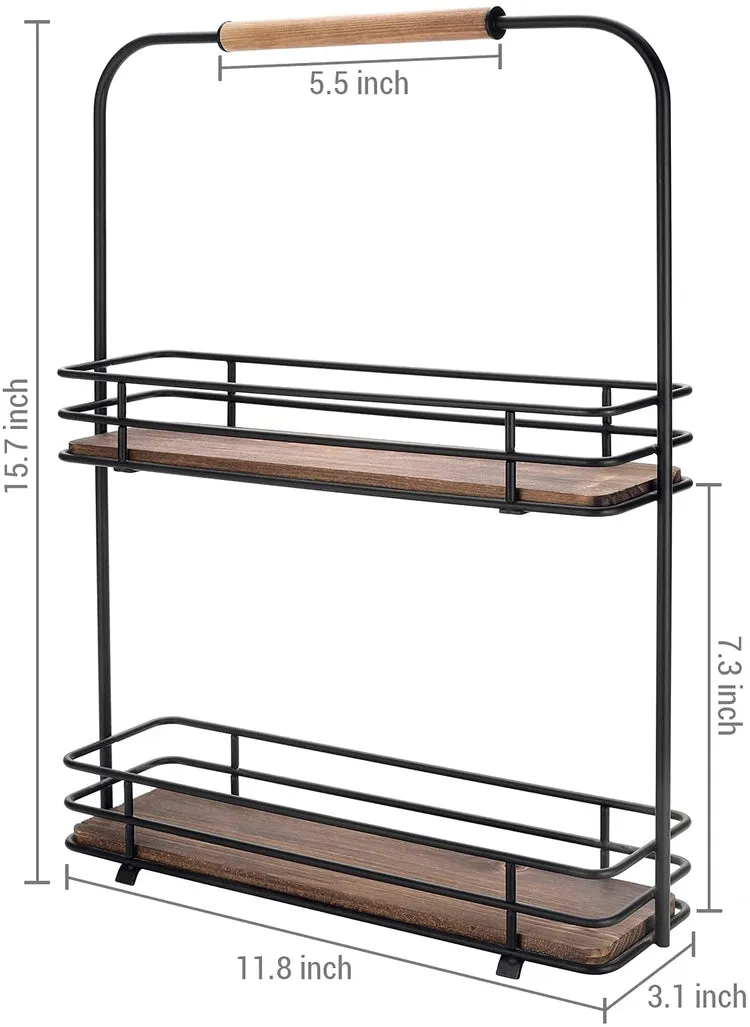 Matte Black Metal Frame, 2-Tier Spice Jar Display Storage Rack with Burnt Wood Shelves and Handle