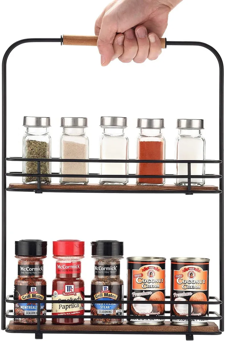 Matte Black Metal Frame, 2-Tier Spice Jar Display Storage Rack with Burnt Wood Shelves and Handle