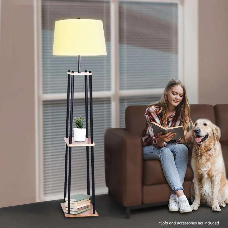 METAL ETAGERE FLOOR LAMP WITH WOOD SHELF & CREAM LINEN FABRIC SHADE