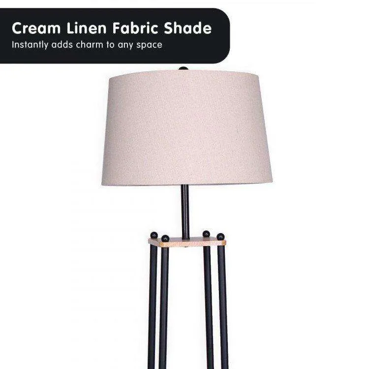 METAL ETAGERE FLOOR LAMP WITH WOOD SHELF & CREAM LINEN FABRIC SHADE