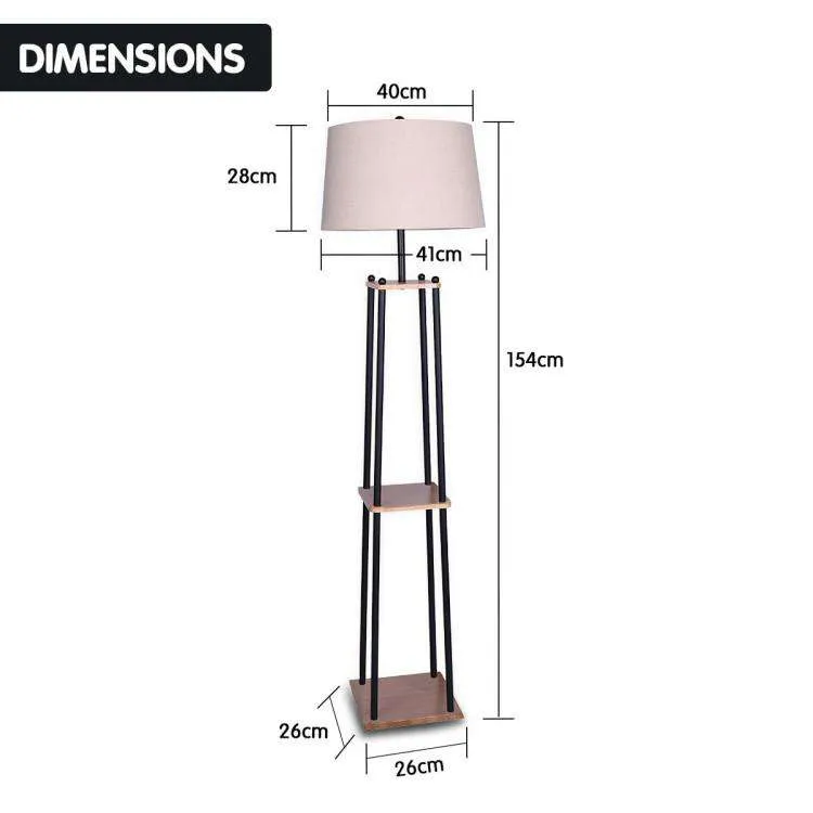 METAL ETAGERE FLOOR LAMP WITH WOOD SHELF & CREAM LINEN FABRIC SHADE