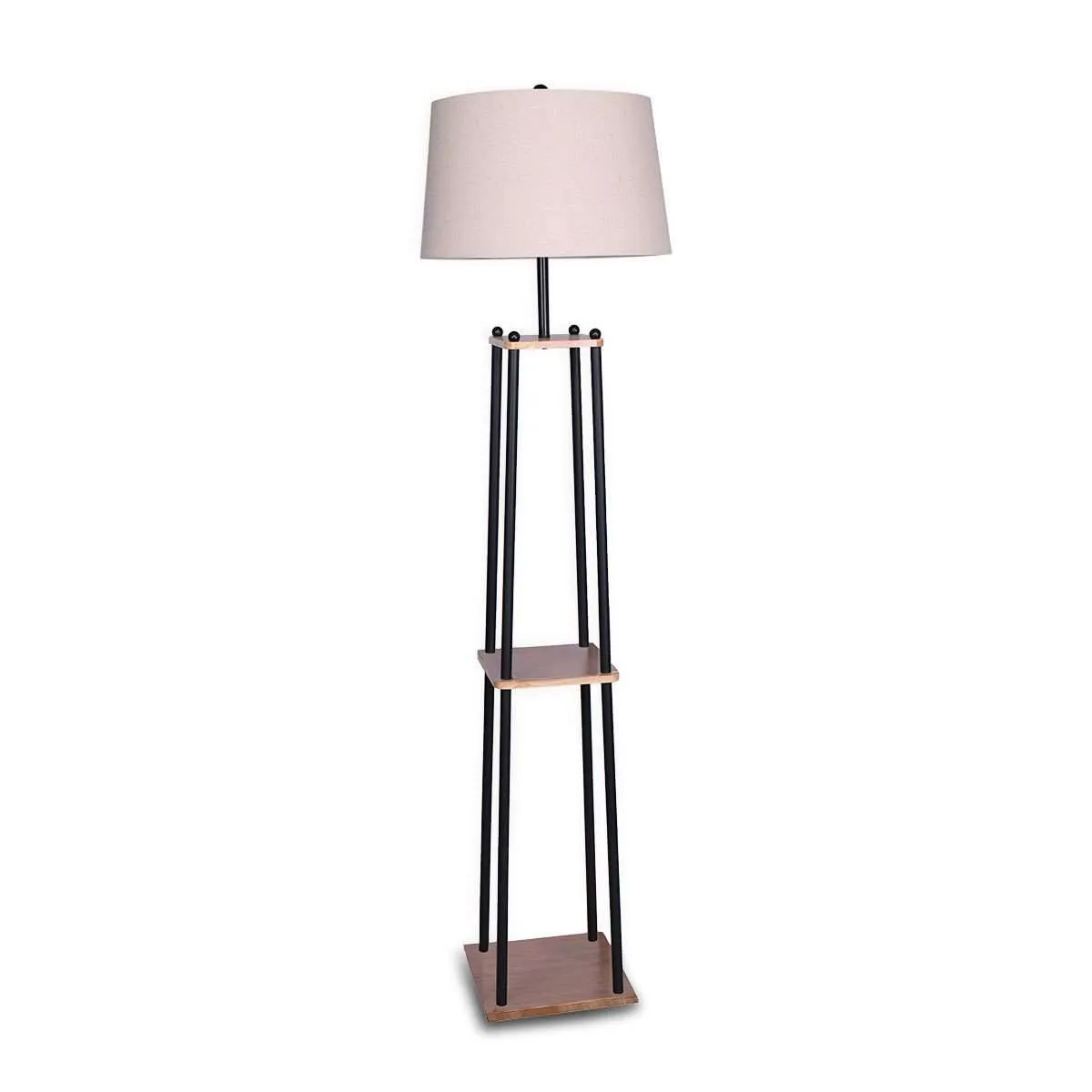 METAL ETAGERE FLOOR LAMP WITH WOOD SHELF & CREAM LINEN FABRIC SHADE