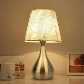 Modern Tapered Table Lamp - Single Nickel Nightstand Light with Stylish Fabric Shade (Cloud/Geometric/Flower Pattern)