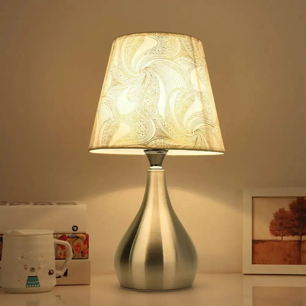 Modern Tapered Table Lamp - Single Nickel Nightstand Light with Stylish Fabric Shade (Cloud/Geometric/Flower Pattern)