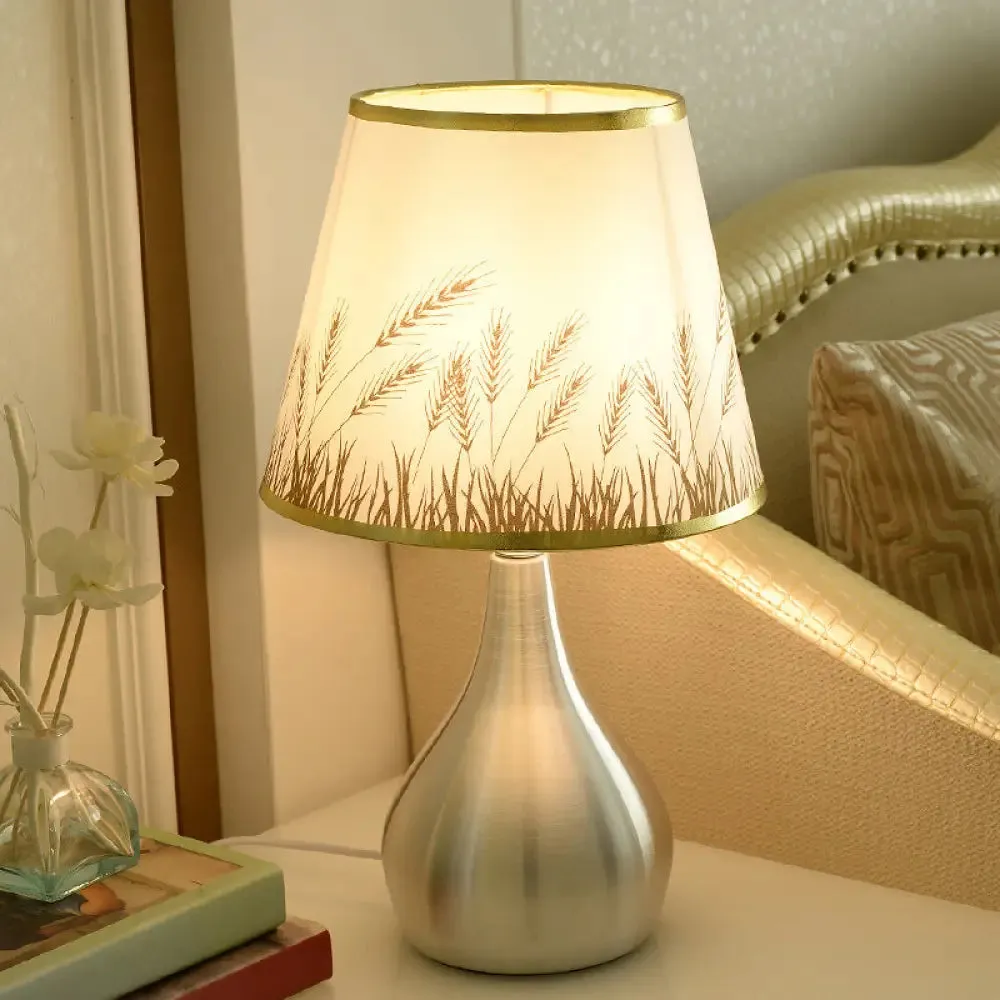 Modern Tapered Table Lamp - Single Nickel Nightstand Light with Stylish Fabric Shade (Cloud/Geometric/Flower Pattern)