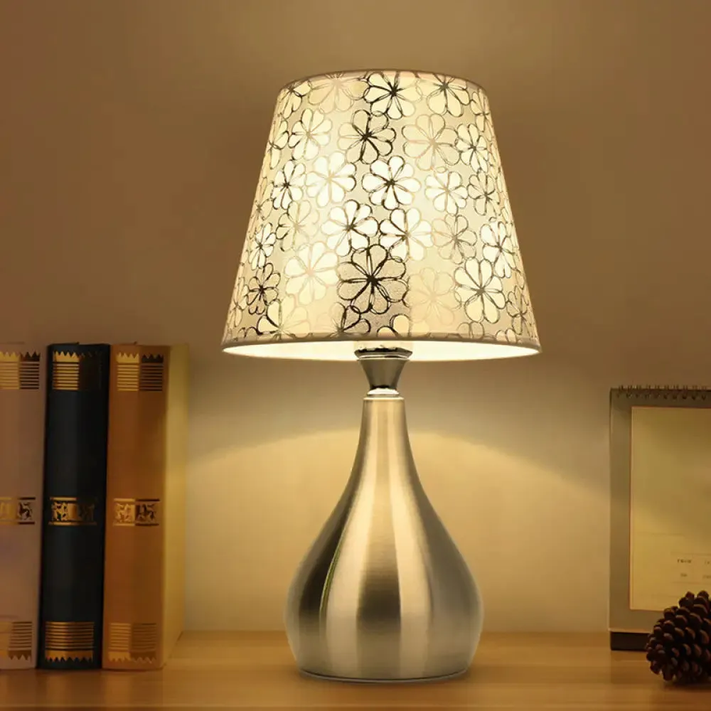Modern Tapered Table Lamp - Single Nickel Nightstand Light with Stylish Fabric Shade (Cloud/Geometric/Flower Pattern)