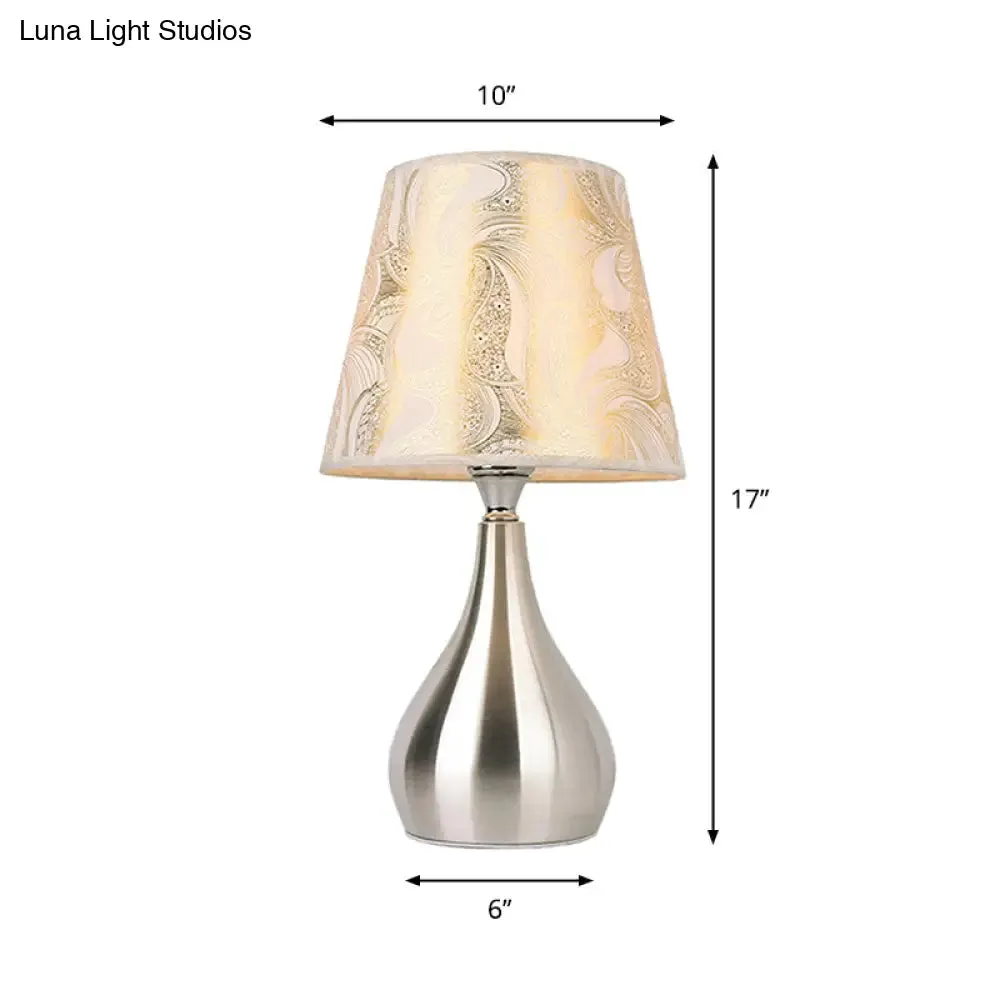 Modern Tapered Table Lamp - Single Nickel Nightstand Light with Stylish Fabric Shade (Cloud/Geometric/Flower Pattern)