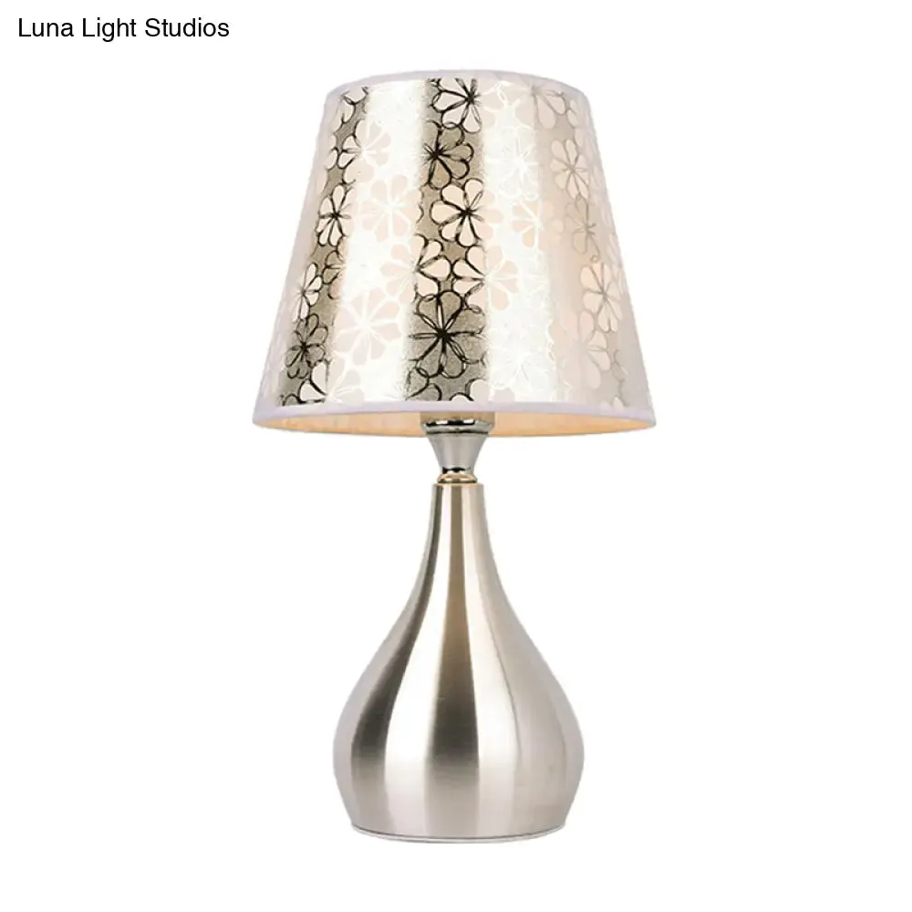 Modern Tapered Table Lamp - Single Nickel Nightstand Light with Stylish Fabric Shade (Cloud/Geometric/Flower Pattern)