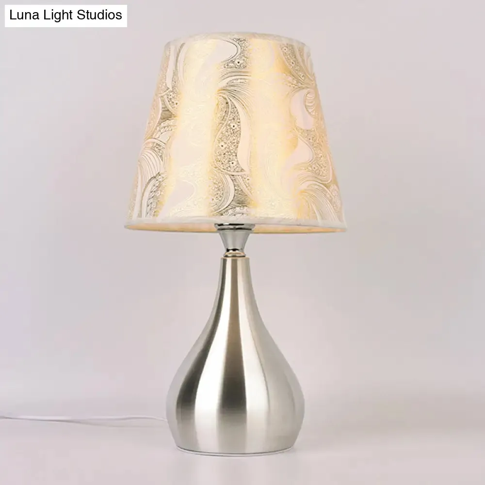 Modern Tapered Table Lamp - Single Nickel Nightstand Light with Stylish Fabric Shade (Cloud/Geometric/Flower Pattern)