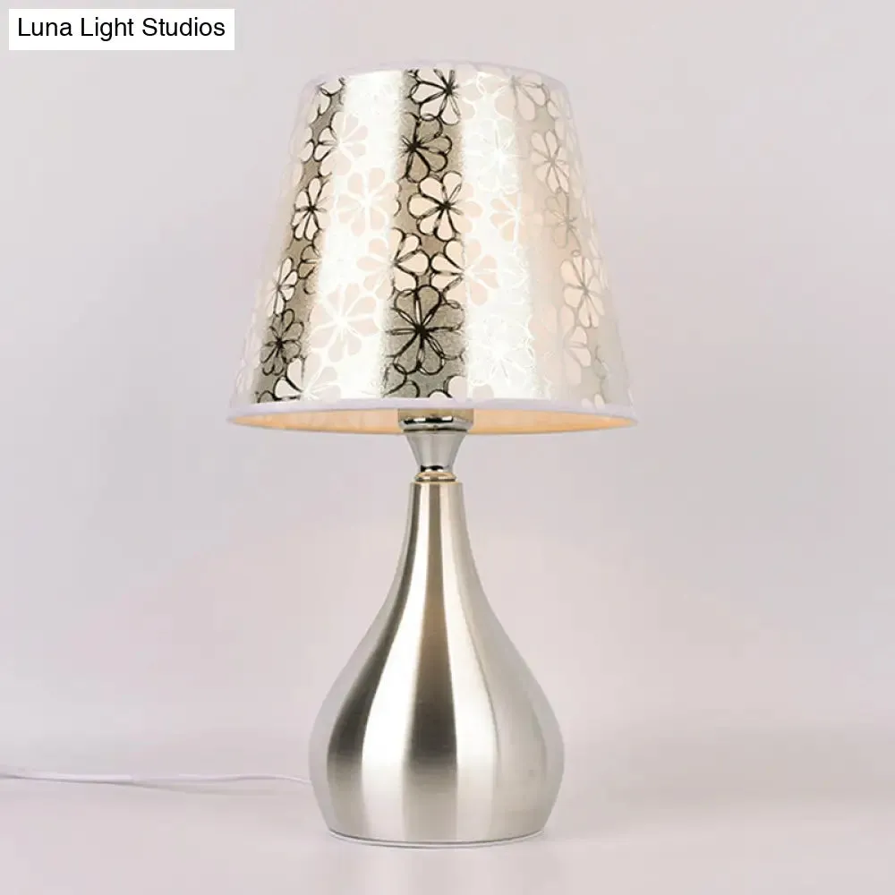 Modern Tapered Table Lamp - Single Nickel Nightstand Light with Stylish Fabric Shade (Cloud/Geometric/Flower Pattern)