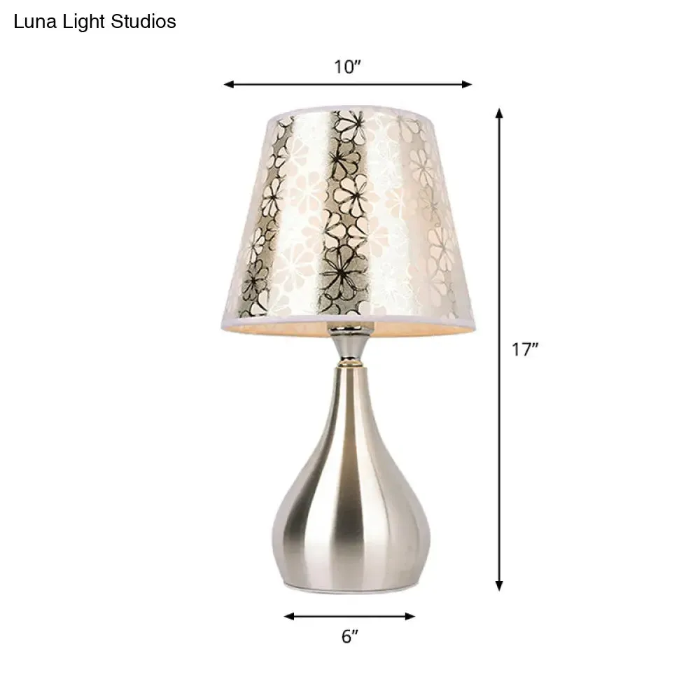 Modern Tapered Table Lamp - Single Nickel Nightstand Light with Stylish Fabric Shade (Cloud/Geometric/Flower Pattern)