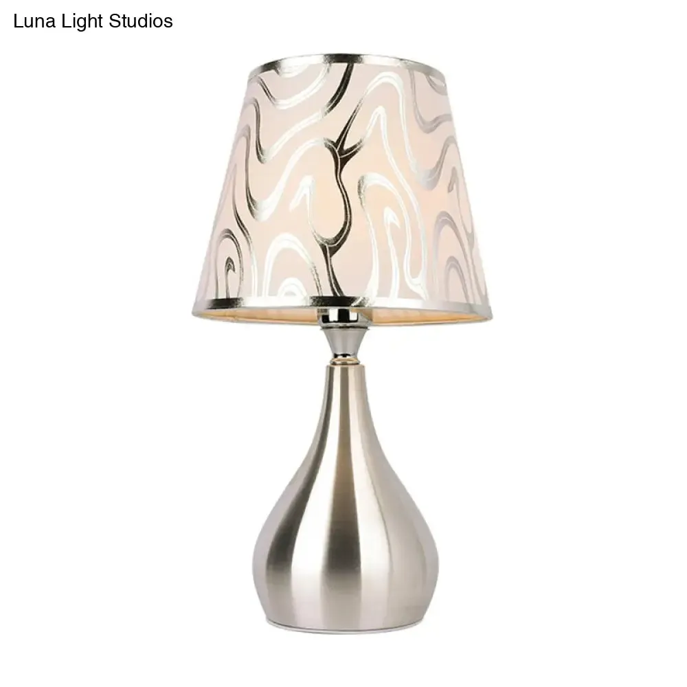 Modern Tapered Table Lamp - Single Nickel Nightstand Light with Stylish Fabric Shade (Cloud/Geometric/Flower Pattern)