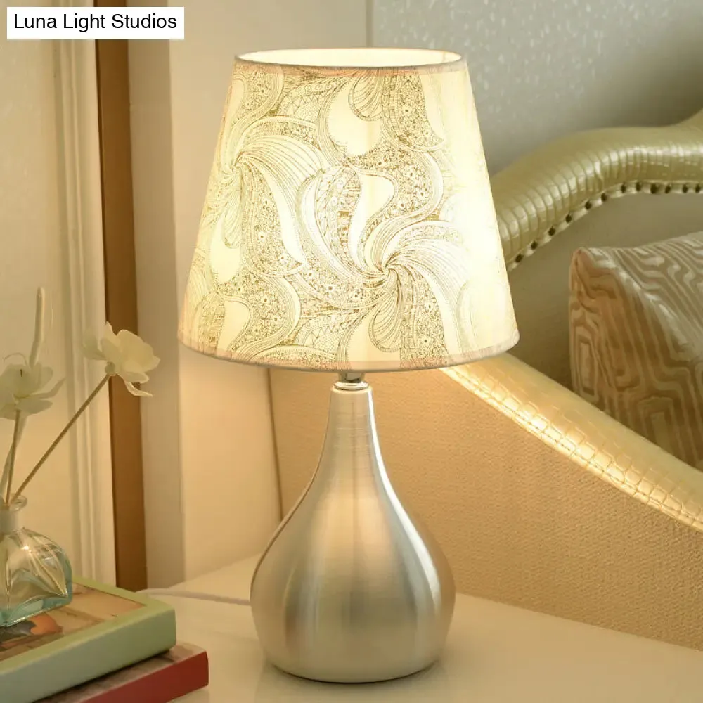 Modern Tapered Table Lamp - Single Nickel Nightstand Light with Stylish Fabric Shade (Cloud/Geometric/Flower Pattern)