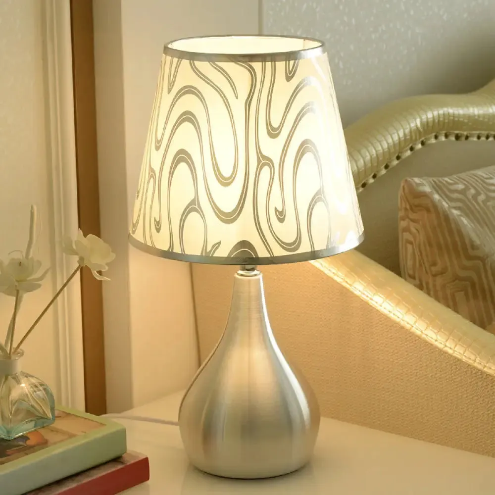 Modern Tapered Table Lamp - Single Nickel Nightstand Light with Stylish Fabric Shade (Cloud/Geometric/Flower Pattern)