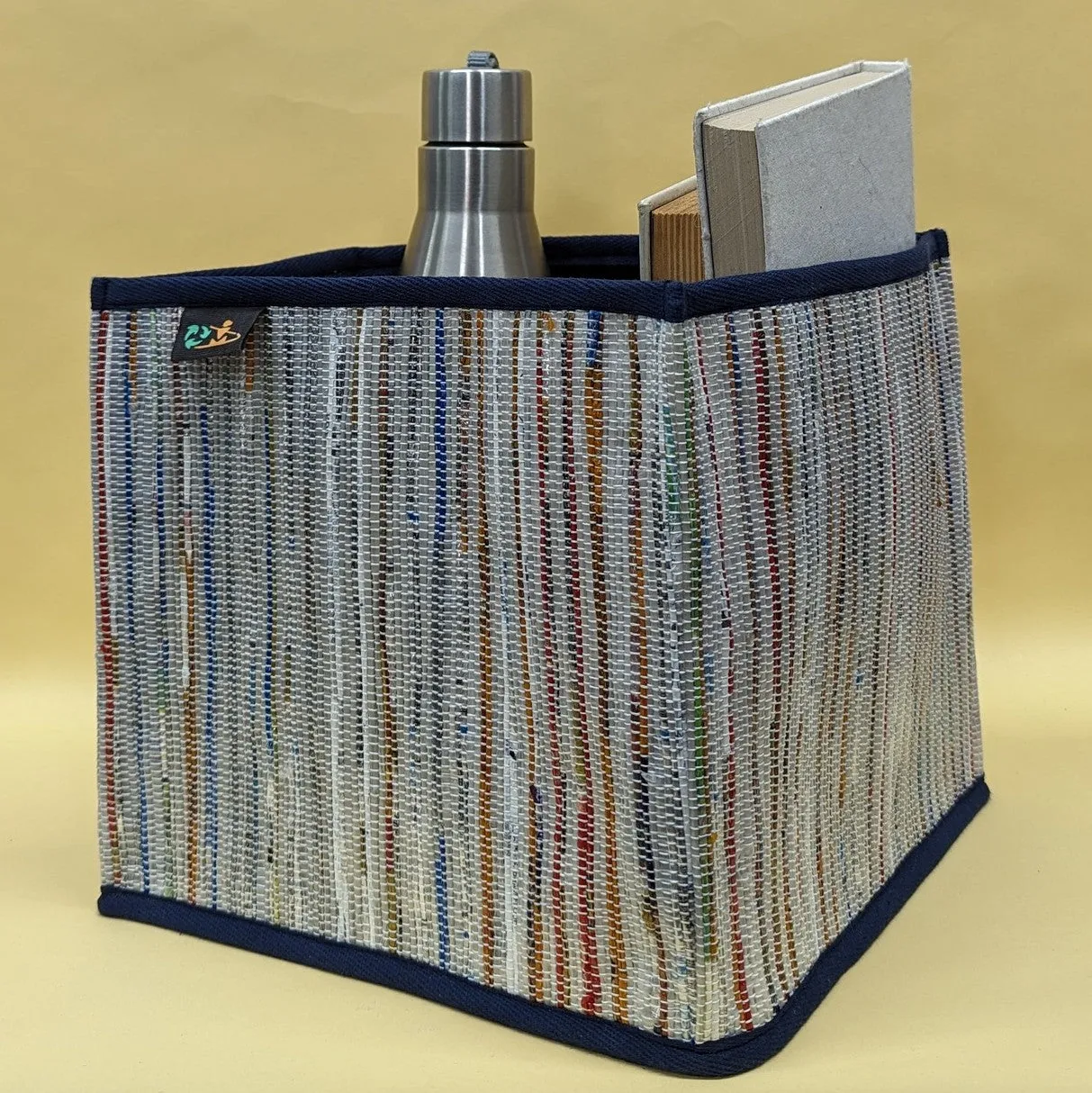 Multicolored Shimmery Striped  Upcycled Handwoven Collapsible Storage Basket Medium (CSBM0824-014) PS_W