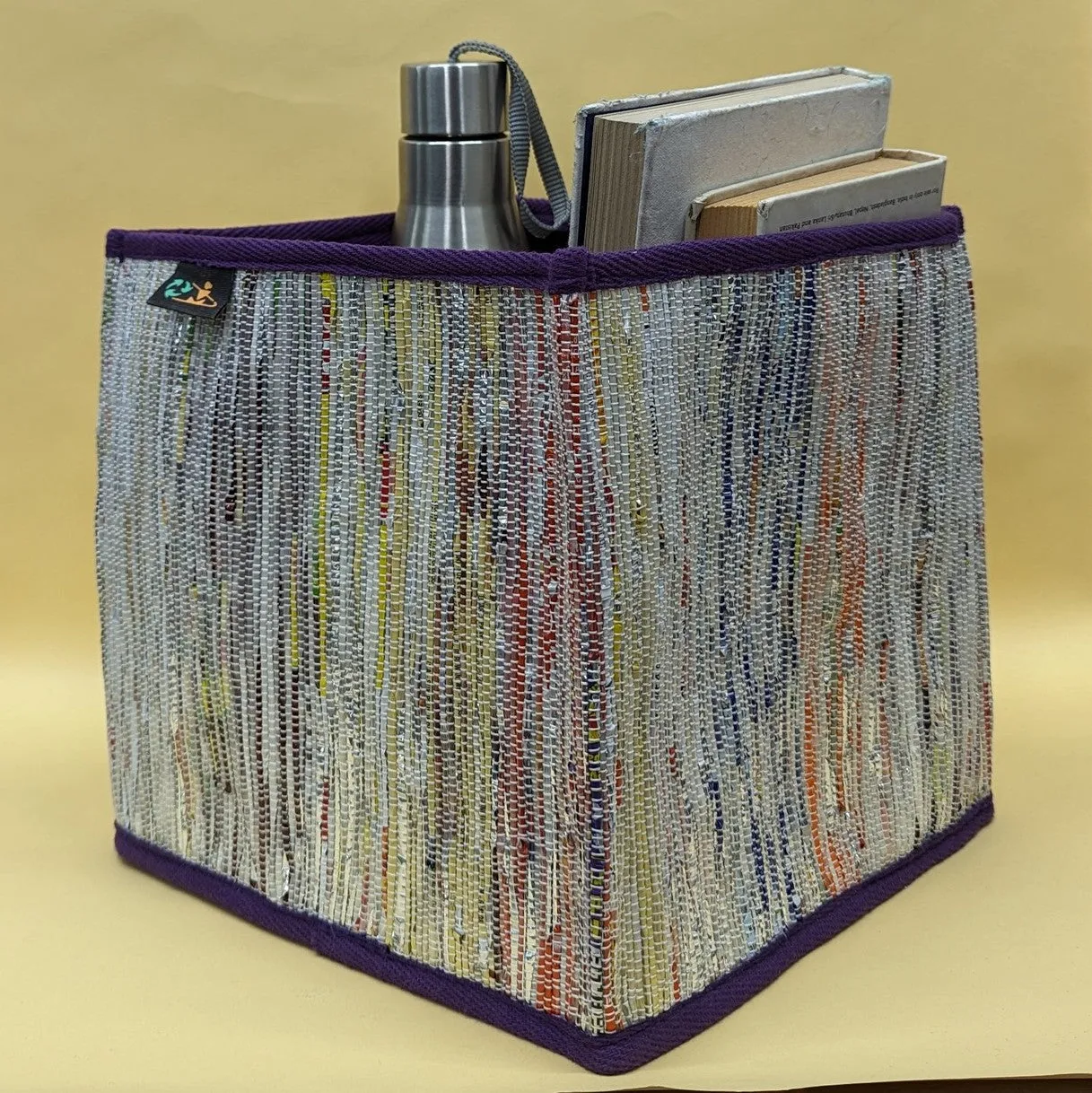 Multicolored Shimmery Upcycled Handwoven Collapsible Storage Basket Medium (CSBM0824-004) PS_W