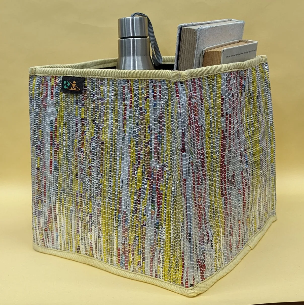 Multicolored Shimmery Upcycled Handwoven Collapsible Storage Basket Medium (CSBM0824-006) PS_W