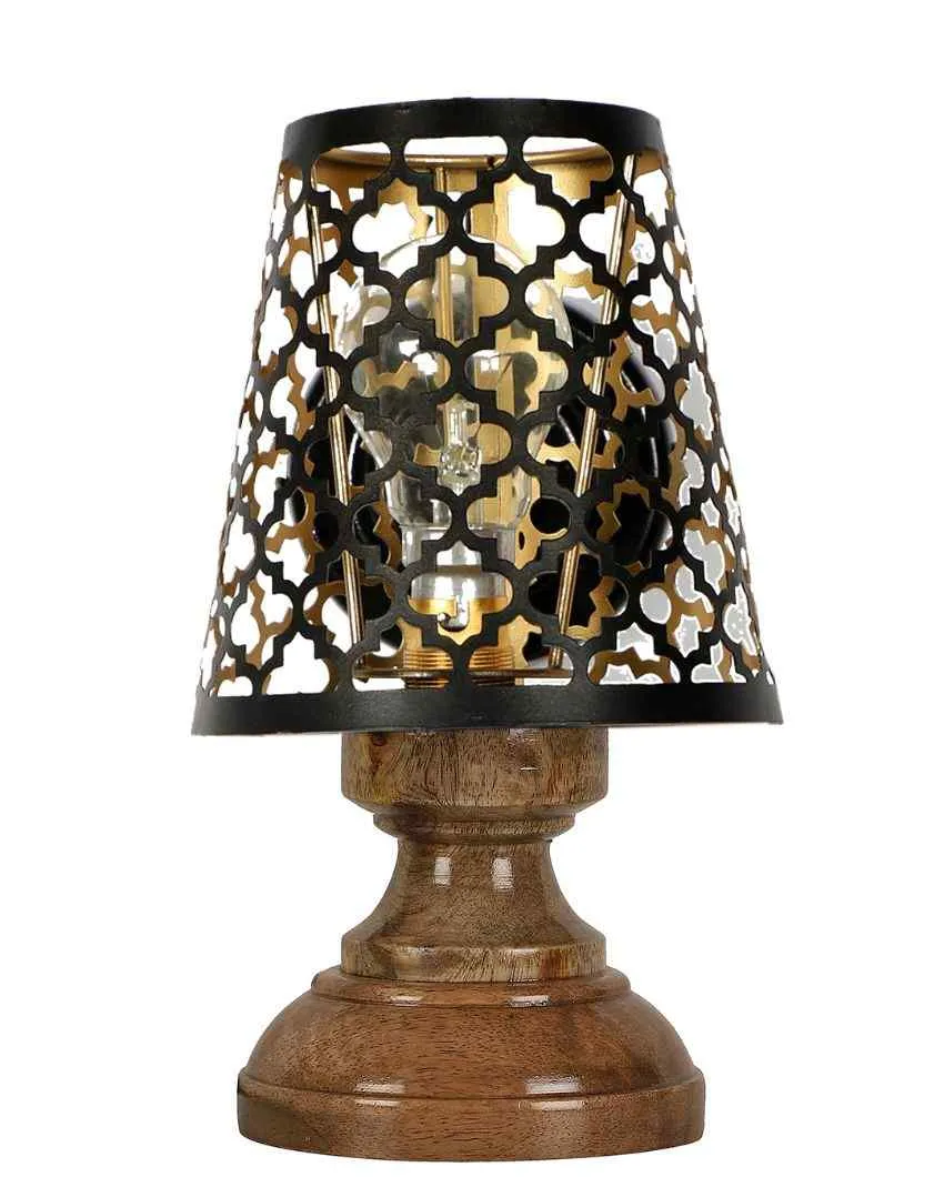 Net Metal Etching Table Lamp With Natural Wood Round Base | 6 x 8 inches