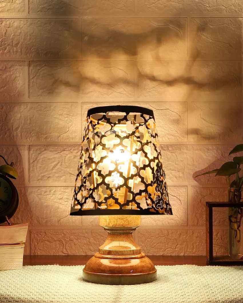 Net Metal Etching Table Lamp With Natural Wood Round Base | 6 x 8 inches