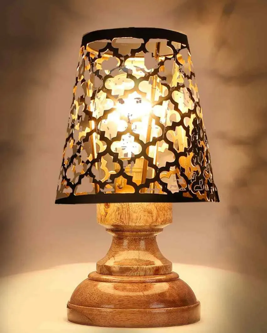 Net Metal Etching Table Lamp With Natural Wood Round Base | 6 x 8 inches