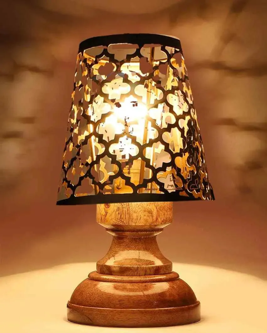 Net Metal Etching Table Lamp With Natural Wood Round Base | 6 x 8 inches
