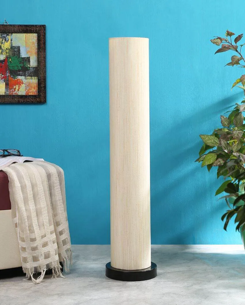 Off White Khadi Cotton Round Wood Floor Lamp | 2.8 Feet