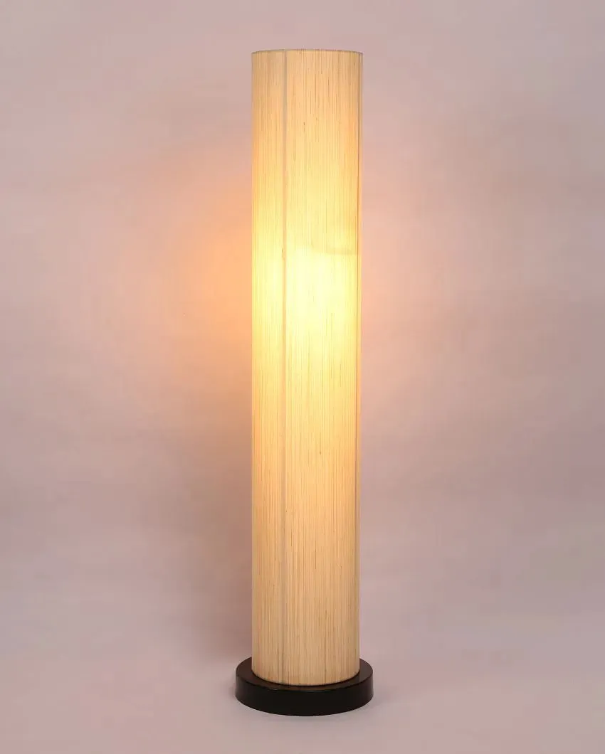 Off White Khadi Cotton Round Wood Floor Lamp | 2.8 Feet