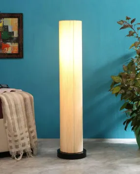 Off White Khadi Cotton Round Wood Floor Lamp | 2.8 Feet