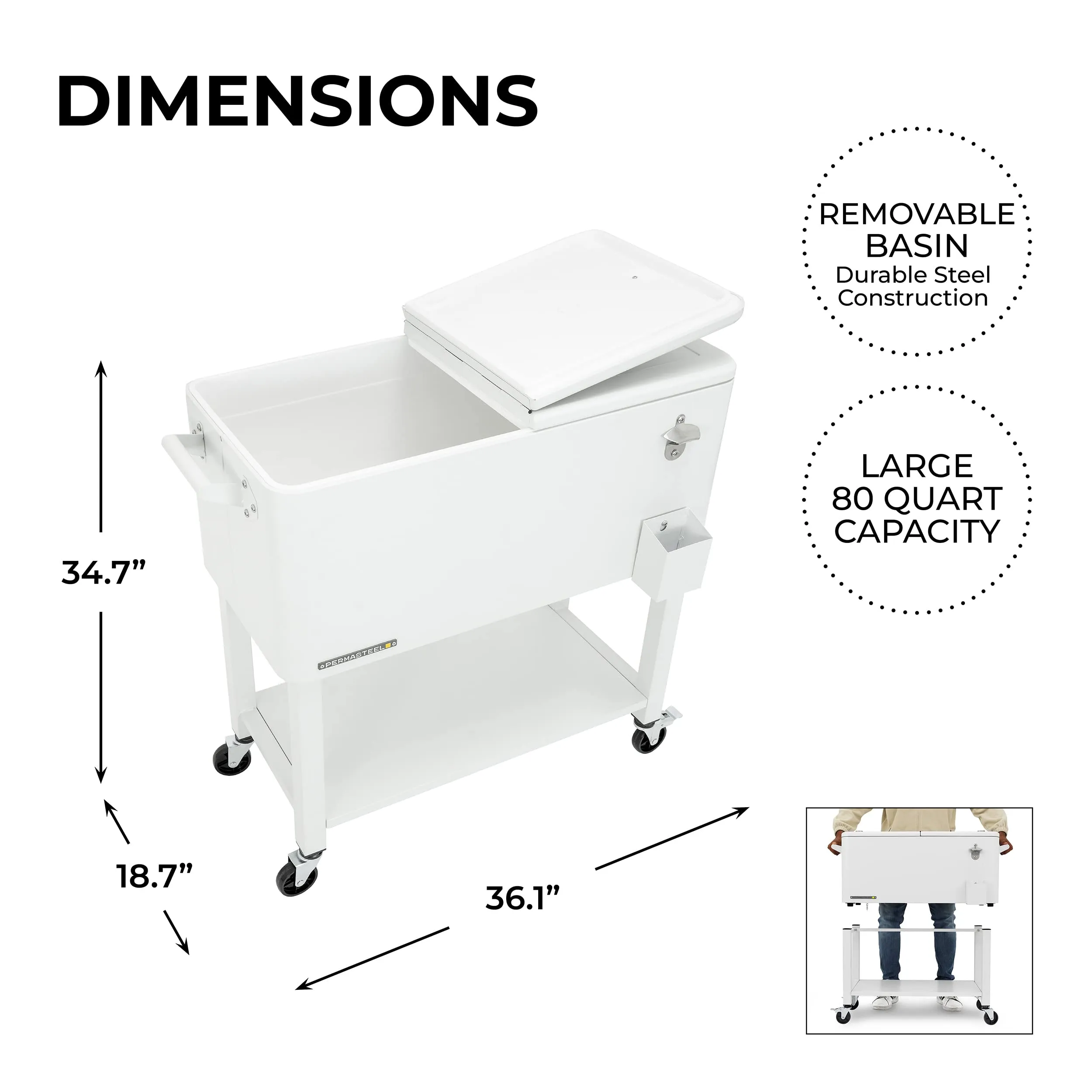 Permasteel 80-Qt Outdoor Patio Cooler with Removable Basin, Outside Beverage Cooler Cart, Rolling Cooler with Wheels and Handles, White