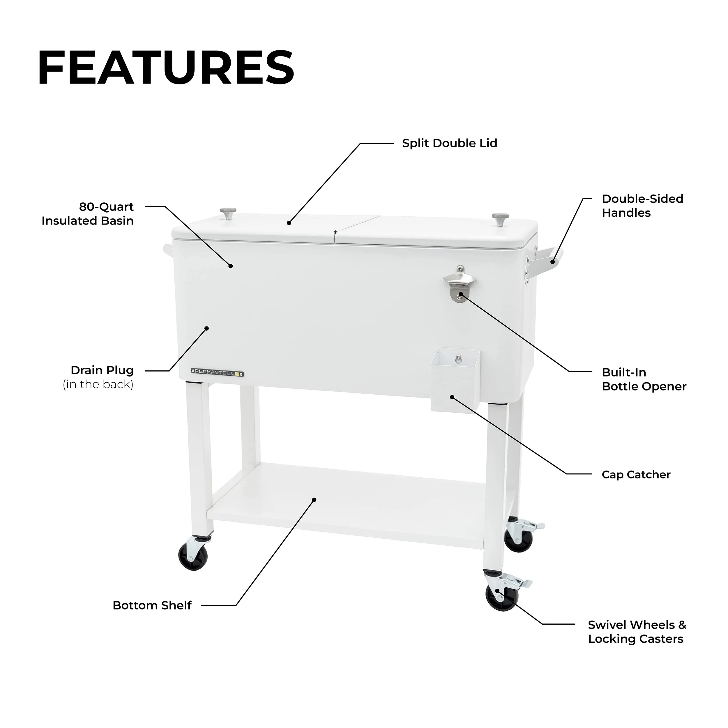 Permasteel 80-Qt Outdoor Patio Cooler with Removable Basin, Outside Beverage Cooler Cart, Rolling Cooler with Wheels and Handles, White
