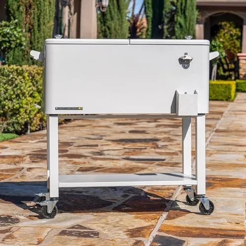 Permasteel 80-Qt Outdoor Patio Cooler with Removable Basin, Outside Beverage Cooler Cart, Rolling Cooler with Wheels and Handles, White
