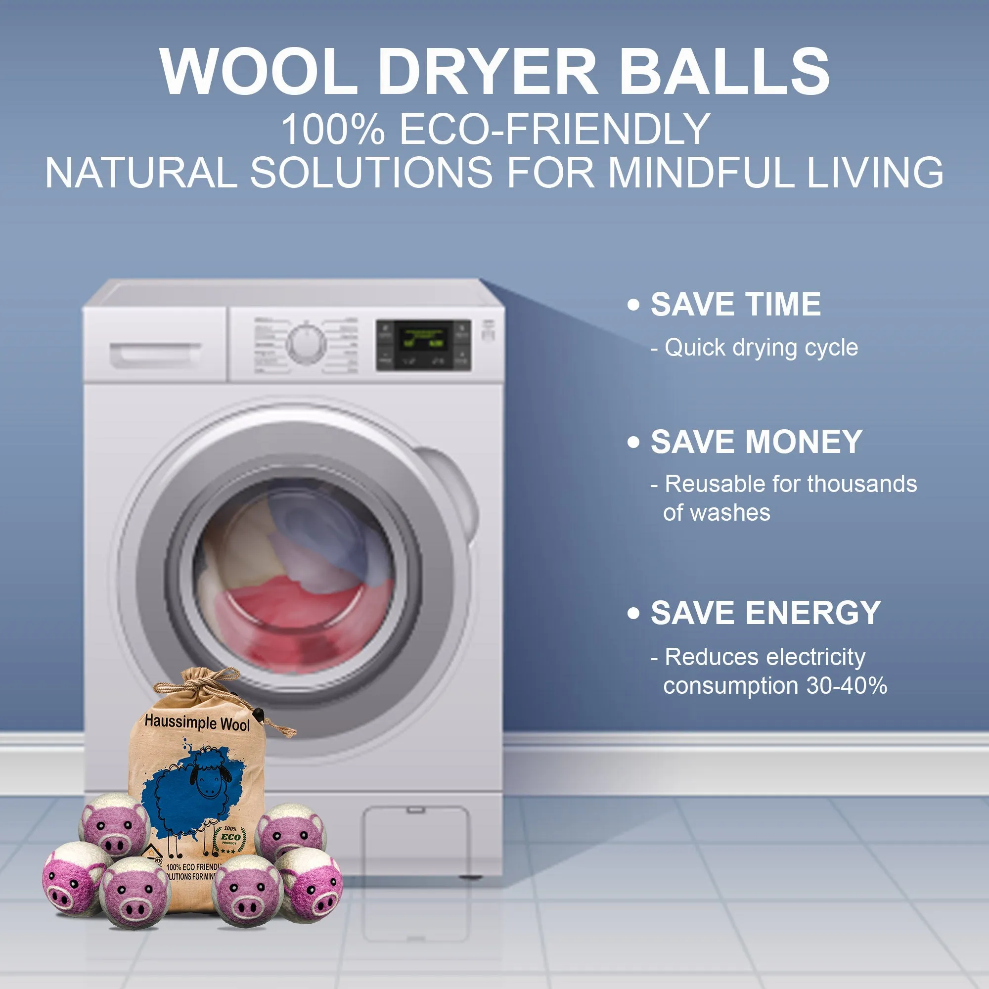 Pig Wool Dryer Balls XL Organic Laundry Fabric Softener 6-Pack